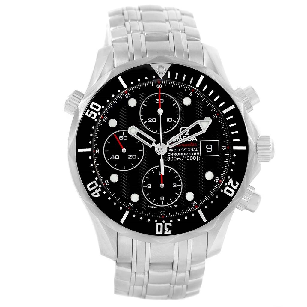 The image shows a front view of an Omega Seamaster 213.30.42.40.01.001 Men
s Stainless Steel Black Dial 213.30.42.40.01.001 Men
s Stainless Steel Black Dial watch, displaying its face, bezel, crown, and part of the strap.