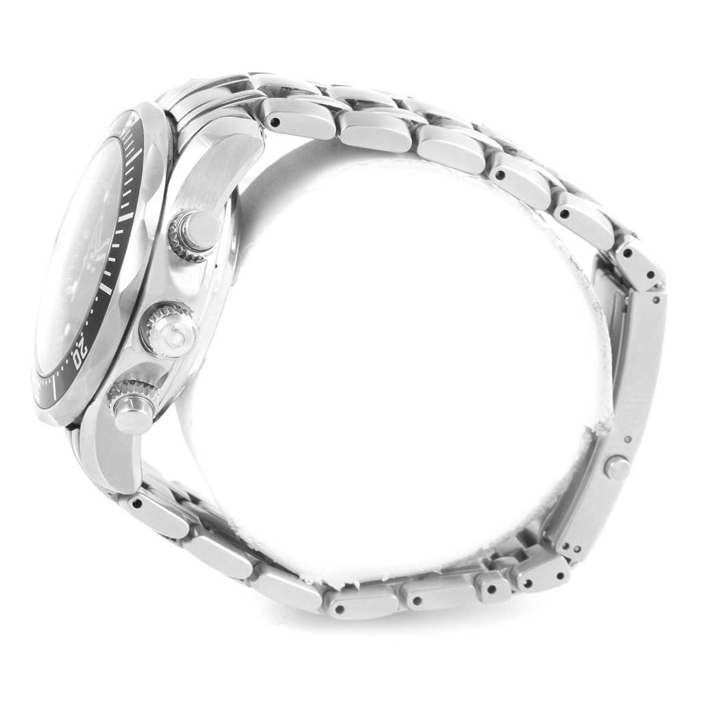 The image shows a side view of the Omega Seamaster 213.30.42.40.01.001 Men
s Stainless Steel Black Dial 213.30.42.40.01.001 Men
s Stainless Steel Black Dial watch, including the crown, pushers, and part of the metal bracelet.