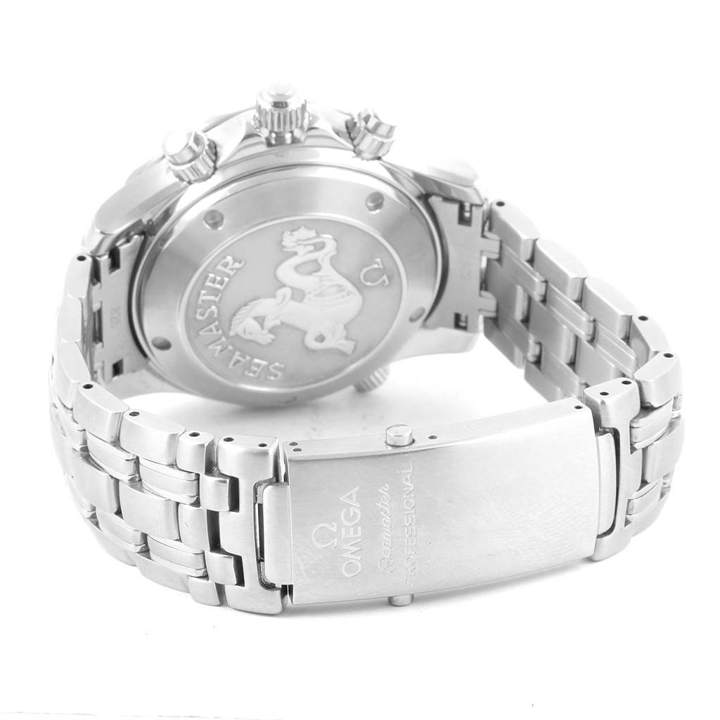 The image shows the back view of an Omega Seamaster 213.30.42.40.01.001 Men
s Stainless Steel Black Dial 213.30.42.40.01.001 Men
s Stainless Steel Black Dial watch, highlighting the case back and the stainless steel bracelet with clasp.