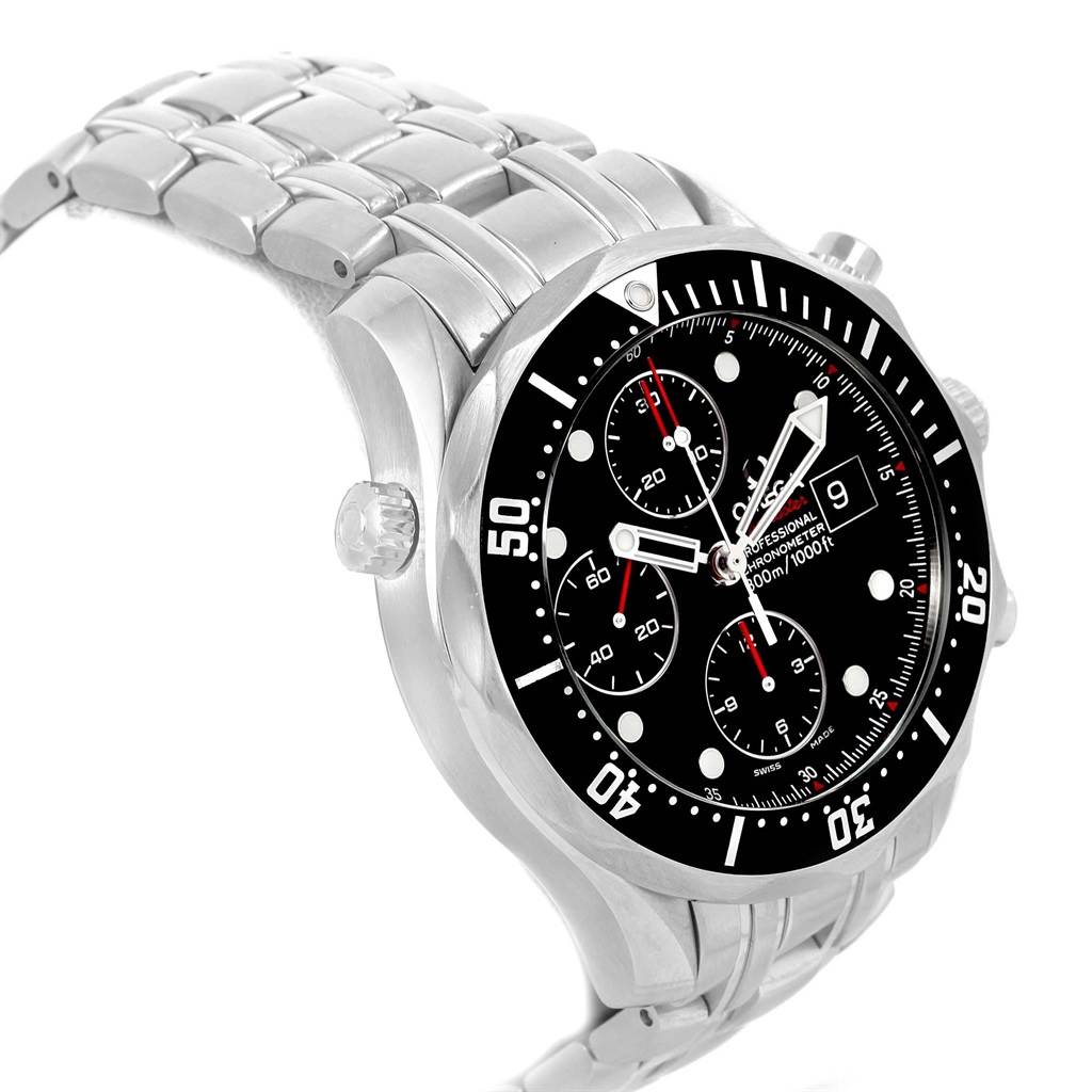 The Omega Seamaster 213.30.42.40.01.001 Men
s Stainless Steel Black Dial 213.30.42.40.01.001 Men
s Stainless Steel Black Dial watch is angled to show the face, bezel, crown, and part of the stainless steel bracelet.