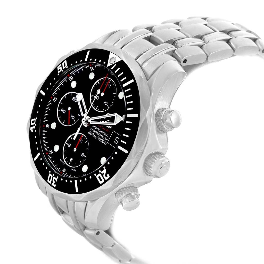 The image shows a side angle of the Omega Seamaster 213.30.42.40.01.001 Men
s Stainless Steel Black Dial 213.30.42.40.01.001 Men
s Stainless Steel Black Dial watch, highlighting the face, bezel, and bracelet.