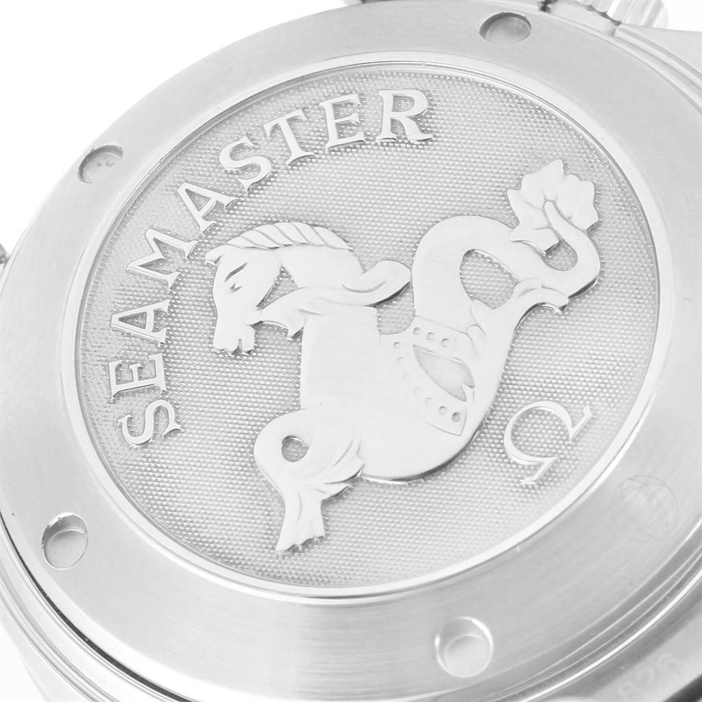 The image shows the case back of the Omega Seamaster 213.30.42.40.01.001 Men
s Stainless Steel Black Dial 213.30.42.40.01.001 Men
s Stainless Steel Black Dial watch, featuring the engraved logo.