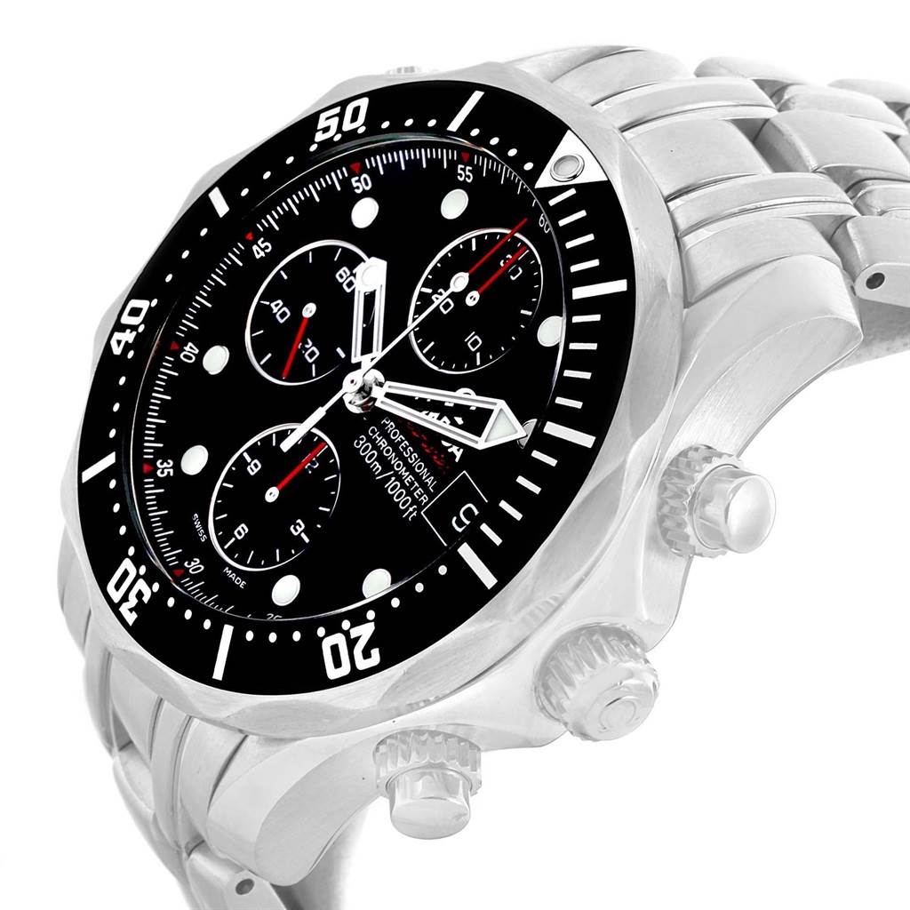 This is an angled view of the Omega Seamaster 213.30.42.40.01.001 Men
s Stainless Steel Black Dial 213.30.42.40.01.001 Men
s Stainless Steel Black Dial watch, showing the face, bezel, band, and chronograph buttons.