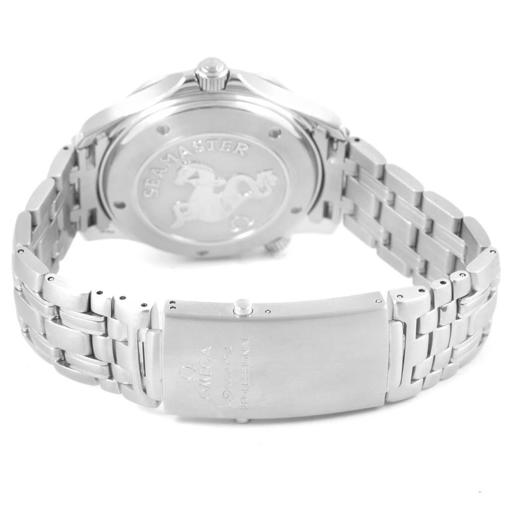 The image shows the back angle of the Omega Seamaster 2220.80.00 Men
s Stainless Steel Blue Dial 2220.80.00 Men
s Stainless Steel Blue Dial watch, focusing on its case back and bracelet clasp.