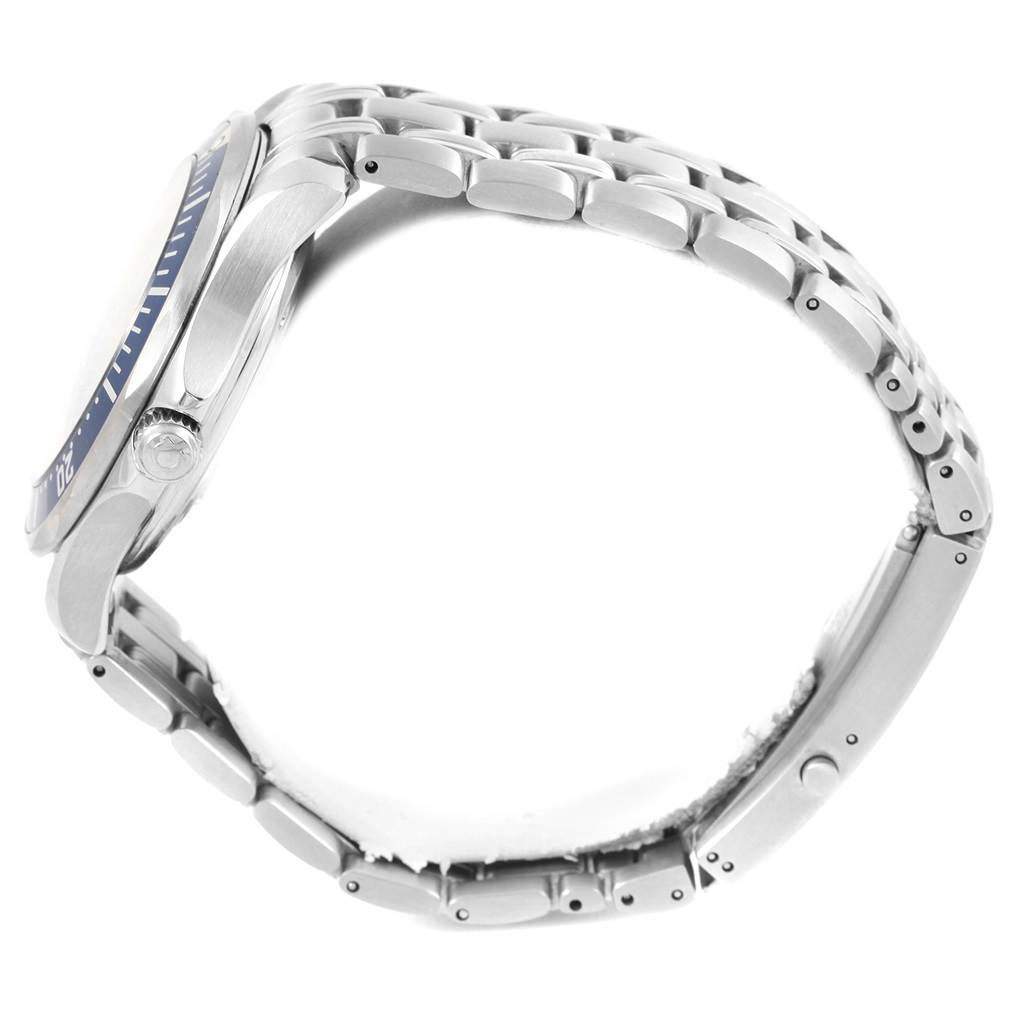 The image shows the side profile of an Omega Seamaster 2220.80.00 Men
s Stainless Steel Blue Dial 2220.80.00 Men
s Stainless Steel Blue Dial watch, highlighting its stainless steel bracelet and case.