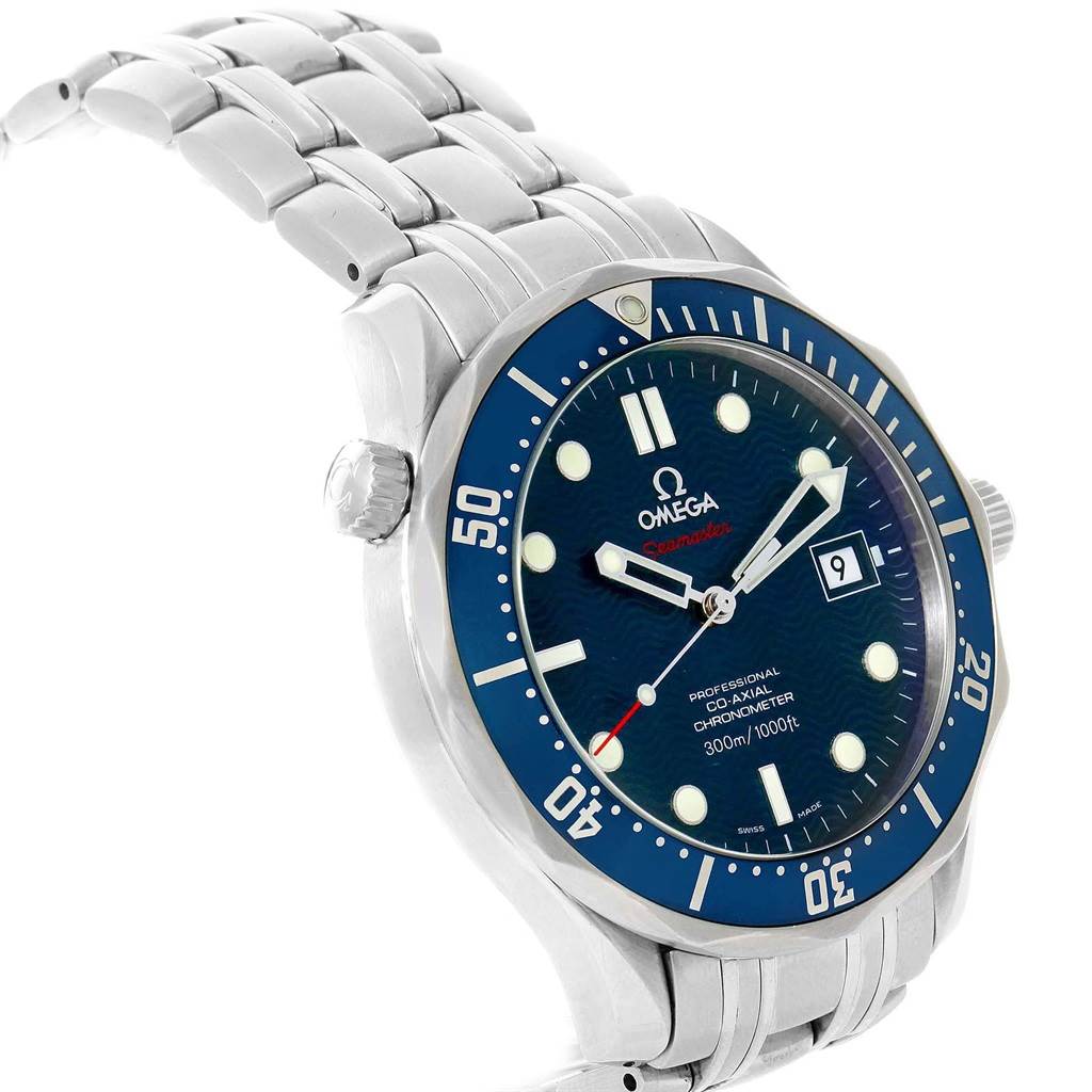 The Omega Seamaster 2220.80.00 Men
s Stainless Steel Blue Dial 2220.80.00 Men
s Stainless Steel Blue Dial watch is shown at an angled side view, highlighting the face, bezel, crown, and part of the bracelet.