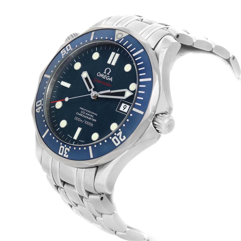 The Omega Seamaster 2220.80.00 Men
s Stainless Steel Blue Dial 2220.80.00 Men
s Stainless Steel Blue Dial watch is shown at an angle highlighting the dial, bezel, crown, and bracelet.