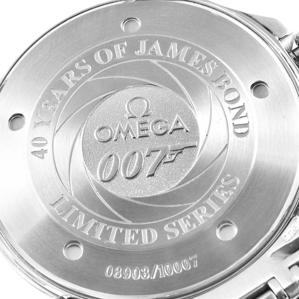 The image shows the case back of an Omega Seamaster 2537.80.00 Men's Stainless Steel Blue Dial 2537.80.00 Men's Stainless Steel Blue Dial watch, featuring the "40 Years of James Bond" limited series engraving.