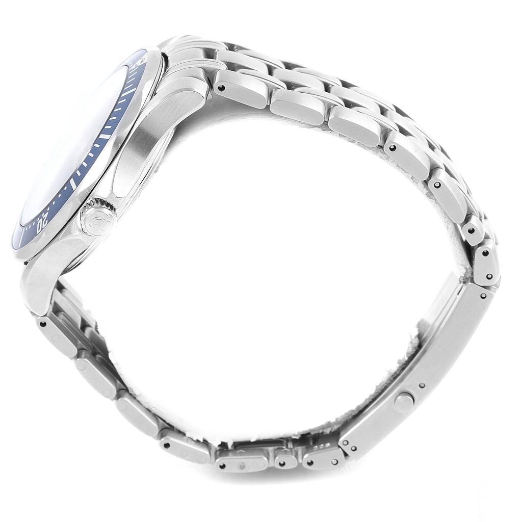 The image shows a side view of an Omega Seamaster 2537.80.00 Men's Stainless Steel Blue Dial 2537.80.00 Men's Stainless Steel Blue Dial, highlighting its metal bracelet and case profile.