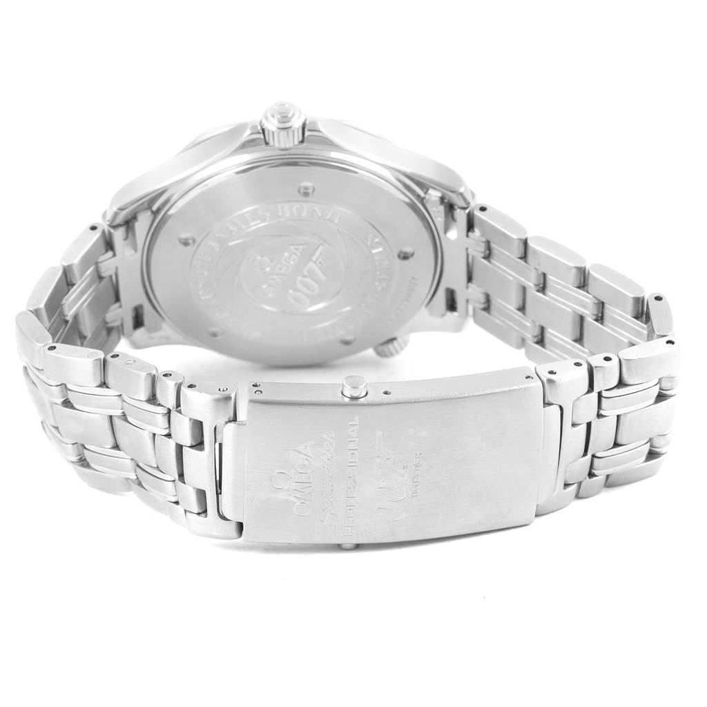 The image shows the back case and clasp of an Omega Seamaster 2537.80.00 Men's Stainless Steel Blue Dial 2537.80.00 Men's Stainless Steel Blue Dial watch, highlighting its metal bracelet and engraved details.