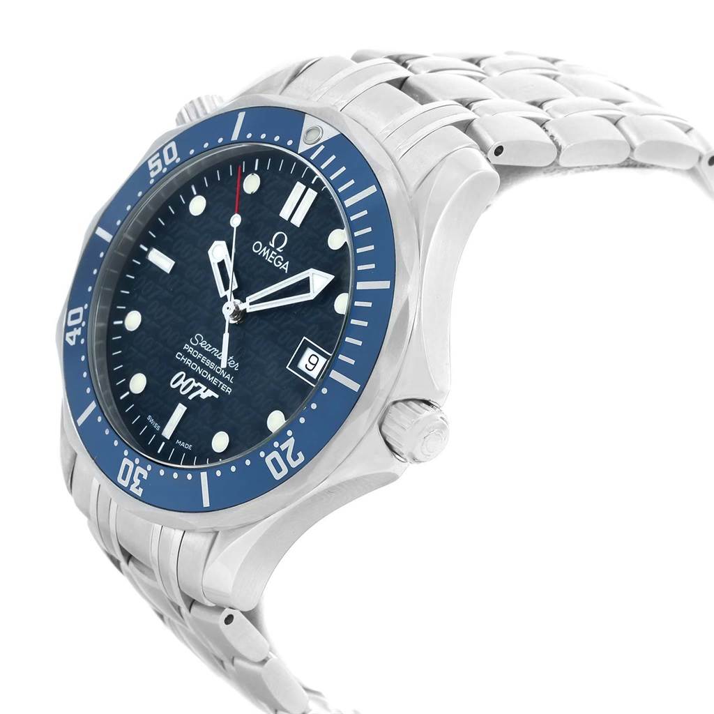 The image shows a side and partial front view of an Omega Seamaster 2537.80.00 Men's Stainless Steel Blue Dial 2537.80.00 Men's Stainless Steel Blue Dial watch, displaying its bezel, crown, and portion of the metal bracelet.