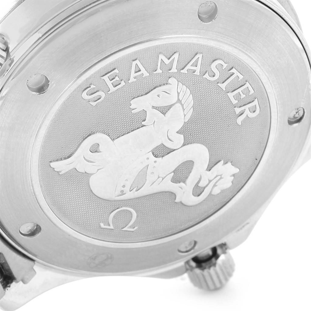 The image shows the case back of the Omega Seamaster 2221.80.00 Men
s Stainless Steel Blue Dial 2221.80.00 Men
s Stainless Steel Blue Dial watch, featuring the Seamaster logo and Omega emblem.