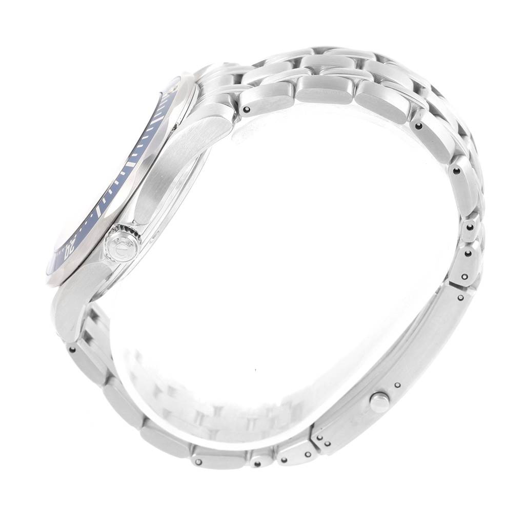 The image shows a side view of an Omega Seamaster 2221.80.00 Men
s Stainless Steel Blue Dial 2221.80.00 Men
s Stainless Steel Blue Dial watch, highlighting the bezel, crown, and metal bracelet.
