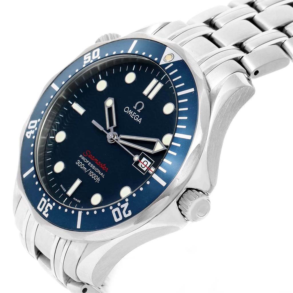 The image shows an Omega Seamaster 2221.80.00 Men
s Stainless Steel Blue Dial 2221.80.00 Men
s Stainless Steel Blue Dial model watch from a right-side angle, highlighting the bezel, dial, crown, and bracelet.