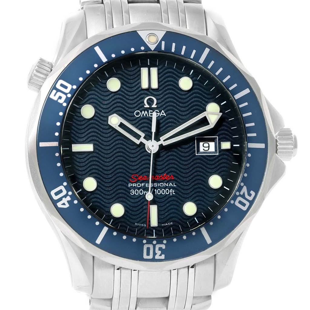 The image shows a front view of the dial and bezel of the Omega Seamaster 2221.80.00 Men
s Stainless Steel Blue Dial 2221.80.00 Men
s Stainless Steel Blue Dial watch.