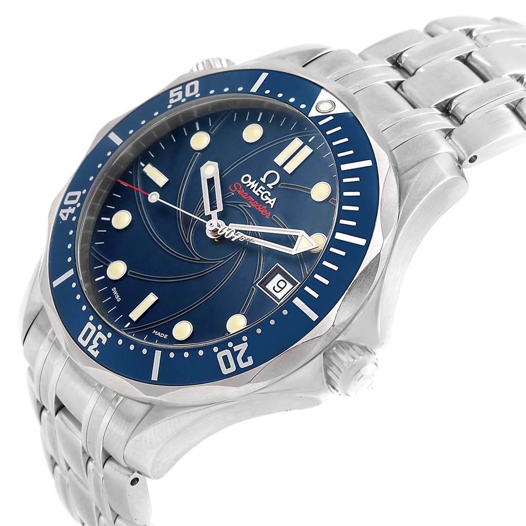 The image shows a side view of an Omega Seamaster 2226.80.00 Men's Stainless Steel Blue Dial 2226.80.00 Men's Stainless Steel Blue Dial watch, including its face, bezel, and stainless steel bracelet.