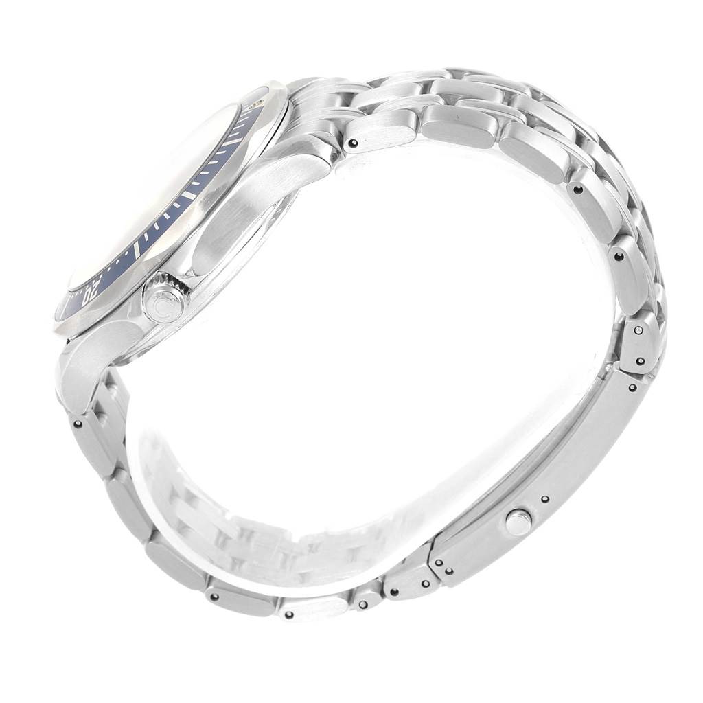 The image shows a side view of the Omega Seamaster 2226.80.00 Men's Stainless Steel Blue Dial 2226.80.00 Men's Stainless Steel Blue Dial, highlighting the case, crown, and metal bracelet.