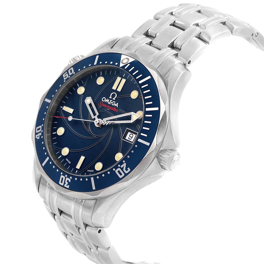The image shows a side angle of the Omega Seamaster 2226.80.00 Men's Stainless Steel Blue Dial 2226.80.00 Men's Stainless Steel Blue Dial watch, featuring its blue dial, bezel, and metal bracelet.