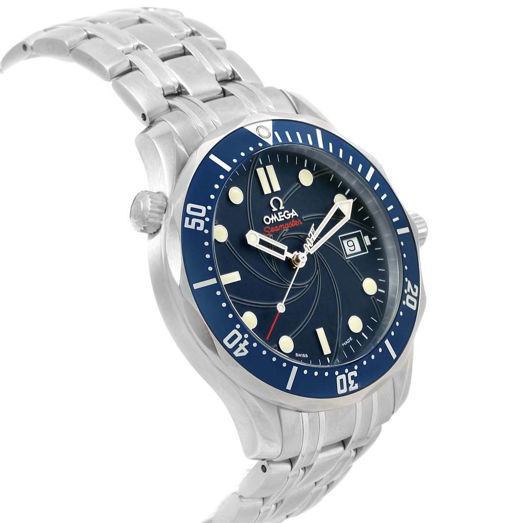 The image shows an angled view of an Omega Seamaster 2226.80.00 Men's Stainless Steel Blue Dial 2226.80.00 Men's Stainless Steel Blue Dial watch, highlighting the dial, bezel, crown, and metal bracelet.