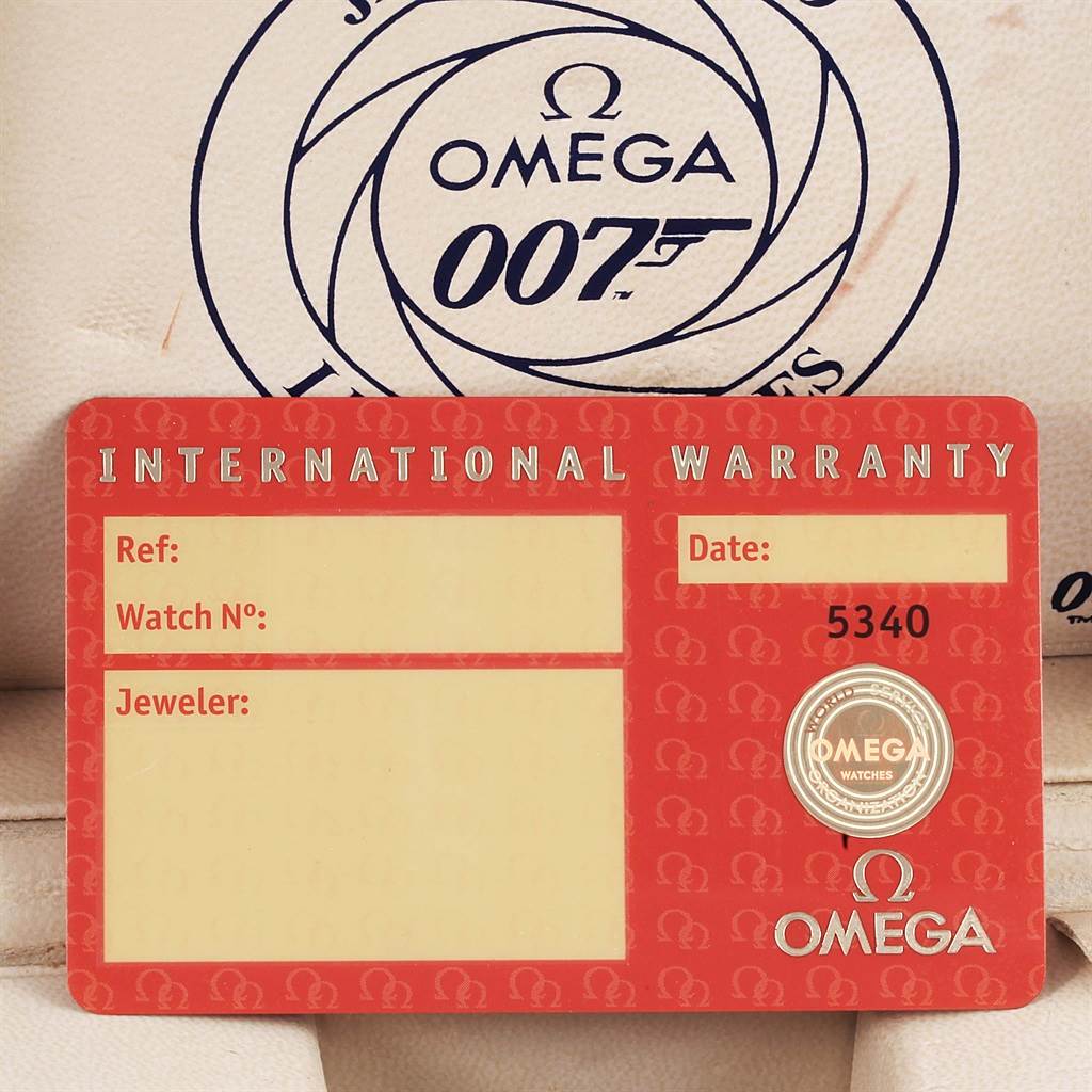This is an image of the international warranty card for an Omega Seamaster 2226.80.00 Men's Stainless Steel Blue Dial 2226.80.00 Men's Stainless Steel Blue Dial watch, featuring the Omega and 007 logos.