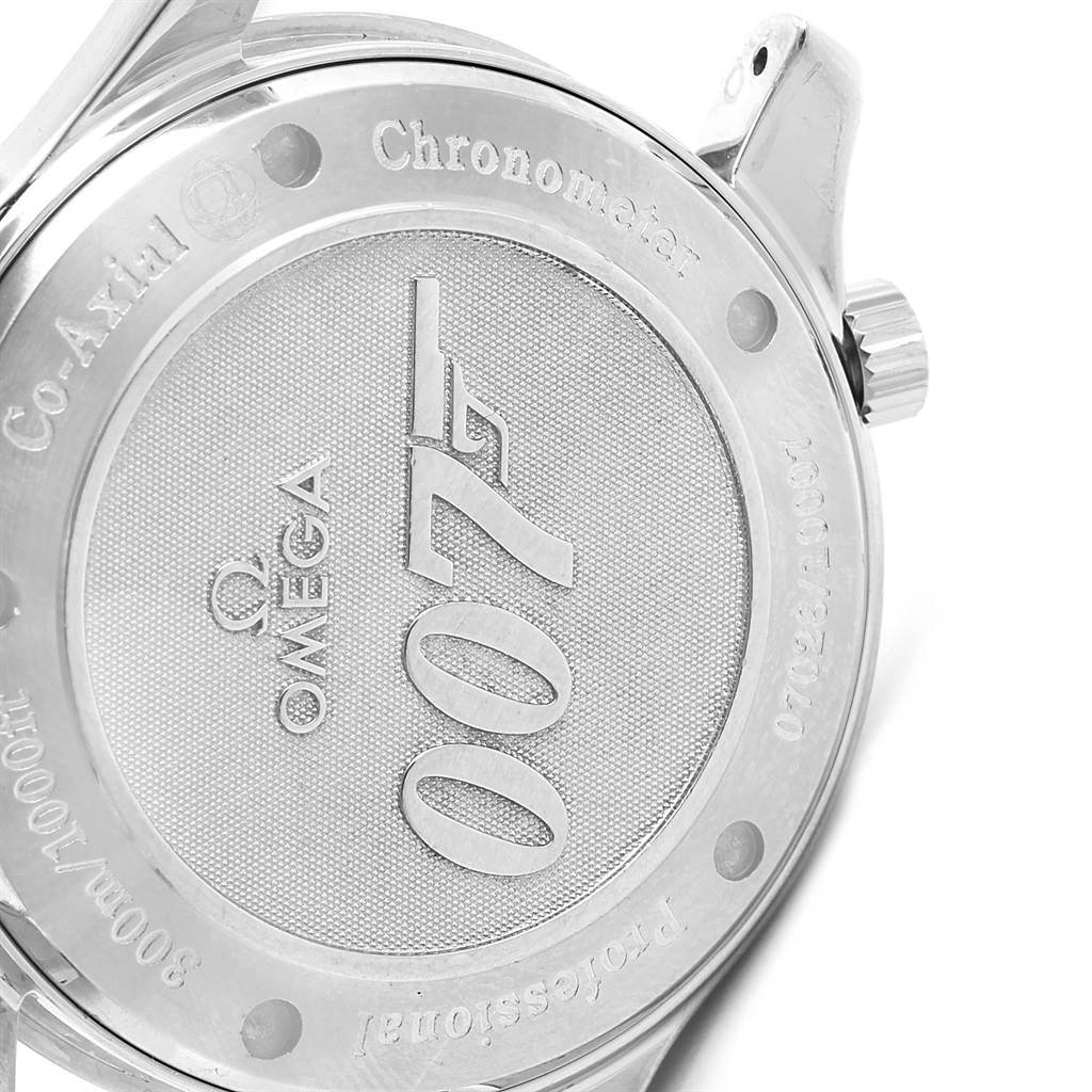 The image shows the engraved case back of an Omega Seamaster 2226.80.00 Men's Stainless Steel Blue Dial 2226.80.00 Men's Stainless Steel Blue Dial watch, featuring "007" branding.