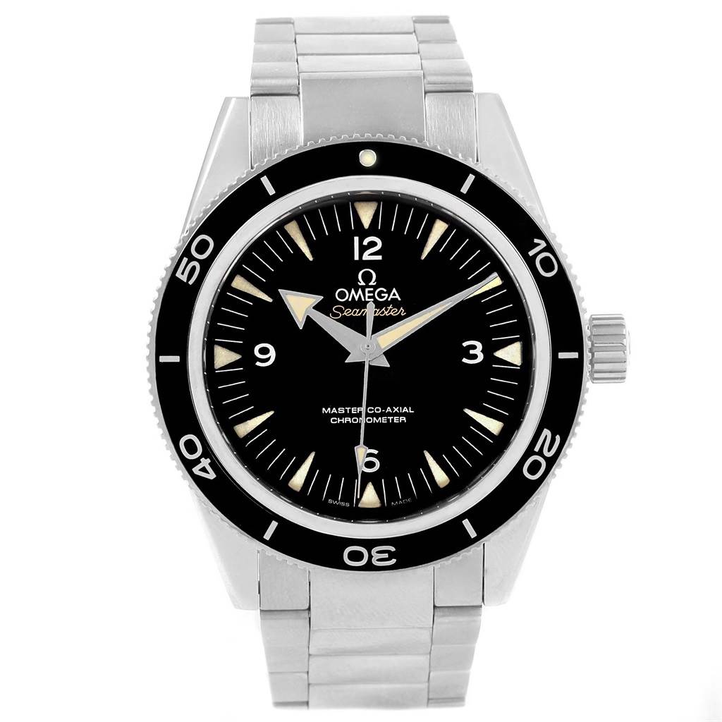 This Omega Seamaster 233.30.41.21.01.001 Men's Stainless Steel Black Dial 233.30.41.21.01.001 Men's Stainless Steel Black Dial watch is shown from the front, clearly displaying the dial, bezel, and bracelet.