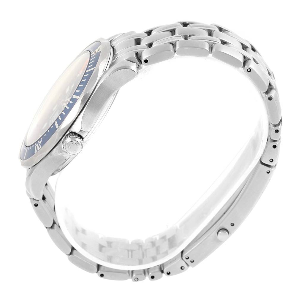 The image shows a side view of the Omega Seamaster 2531.80.00 Men
s Stainless Steel Blue Dial 2531.80.00 Men
s Stainless Steel Blue Dial watch, highlighting the case thickness, crown, and bracelet links.