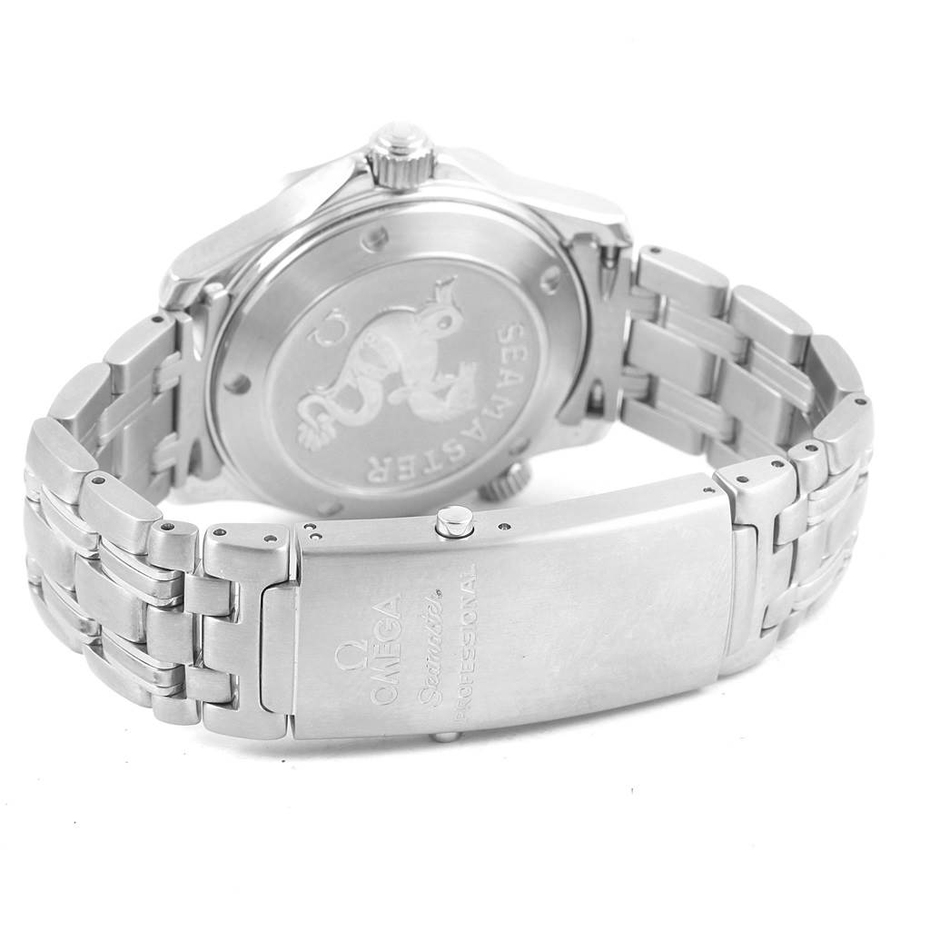 The image shows the back view of an Omega Seamaster 2531.80.00 Men
s Stainless Steel Blue Dial 2531.80.00 Men
s Stainless Steel Blue Dial watch, highlighting its clasp and engraved case back.