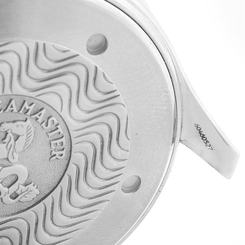 The image shows a close-up of the back case of an Omega Seamaster 2531.80.00 Men
s Stainless Steel Blue Dial 2531.80.00 Men
s Stainless Steel Blue Dial watch with engraved details.