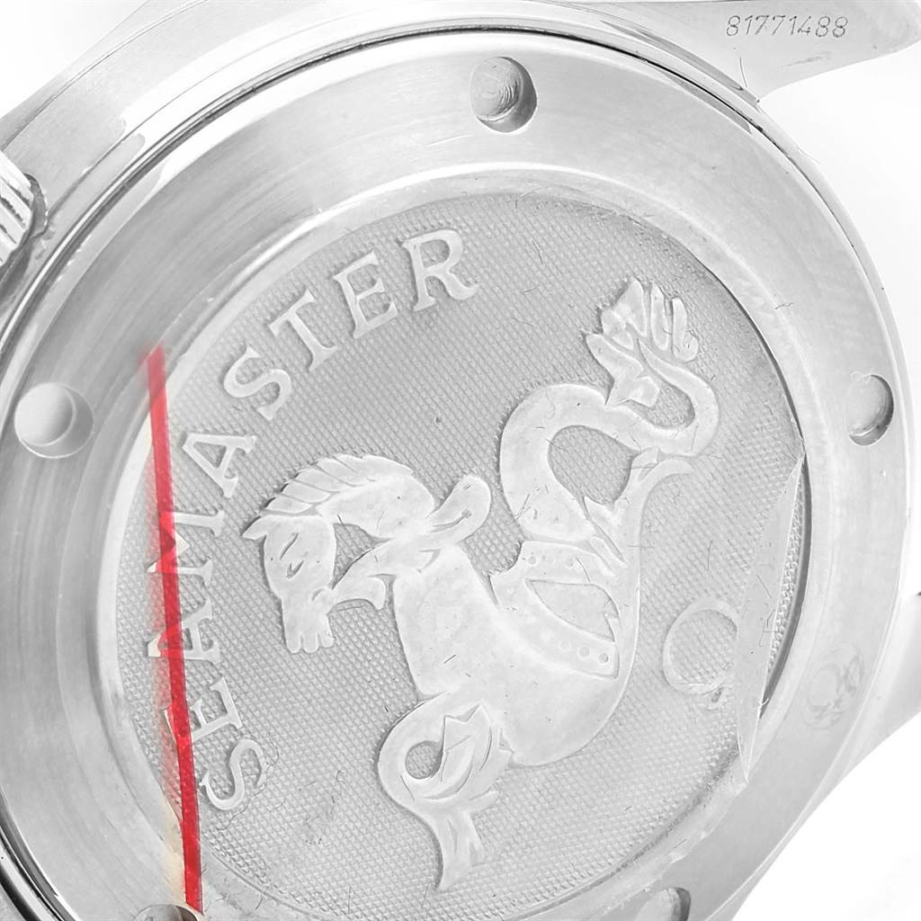 This image shows the engraved case back of an Omega Seamaster 2222.80.00 Men
s Stainless Steel Blue Dial 2222.80.00 Men
s Stainless Steel Blue Dial watch from a close-up angle.