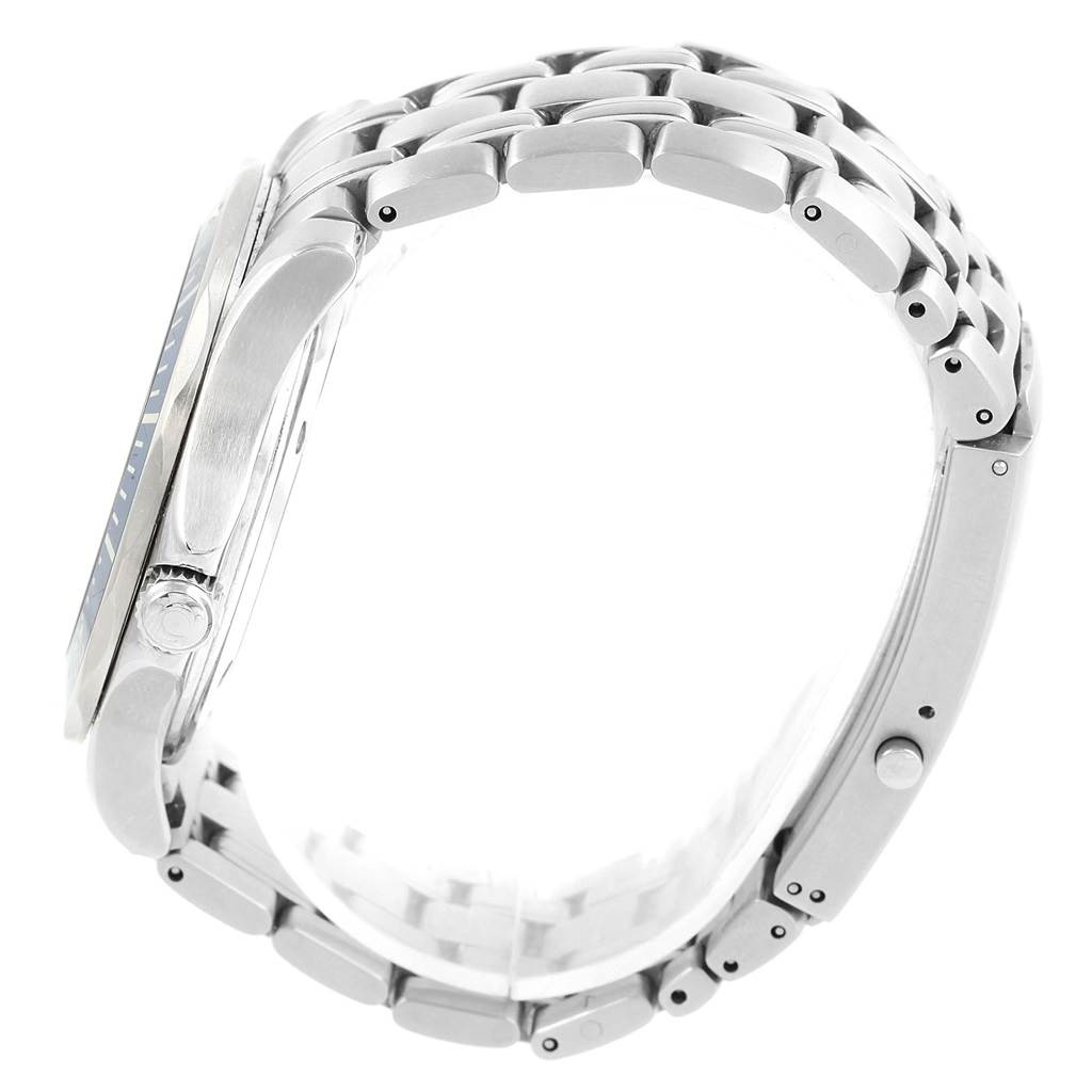 The image shows a side view of the Omega Seamaster 2222.80.00 Men
s Stainless Steel Blue Dial 2222.80.00 Men
s Stainless Steel Blue Dial
s case, bracelet, and crown.