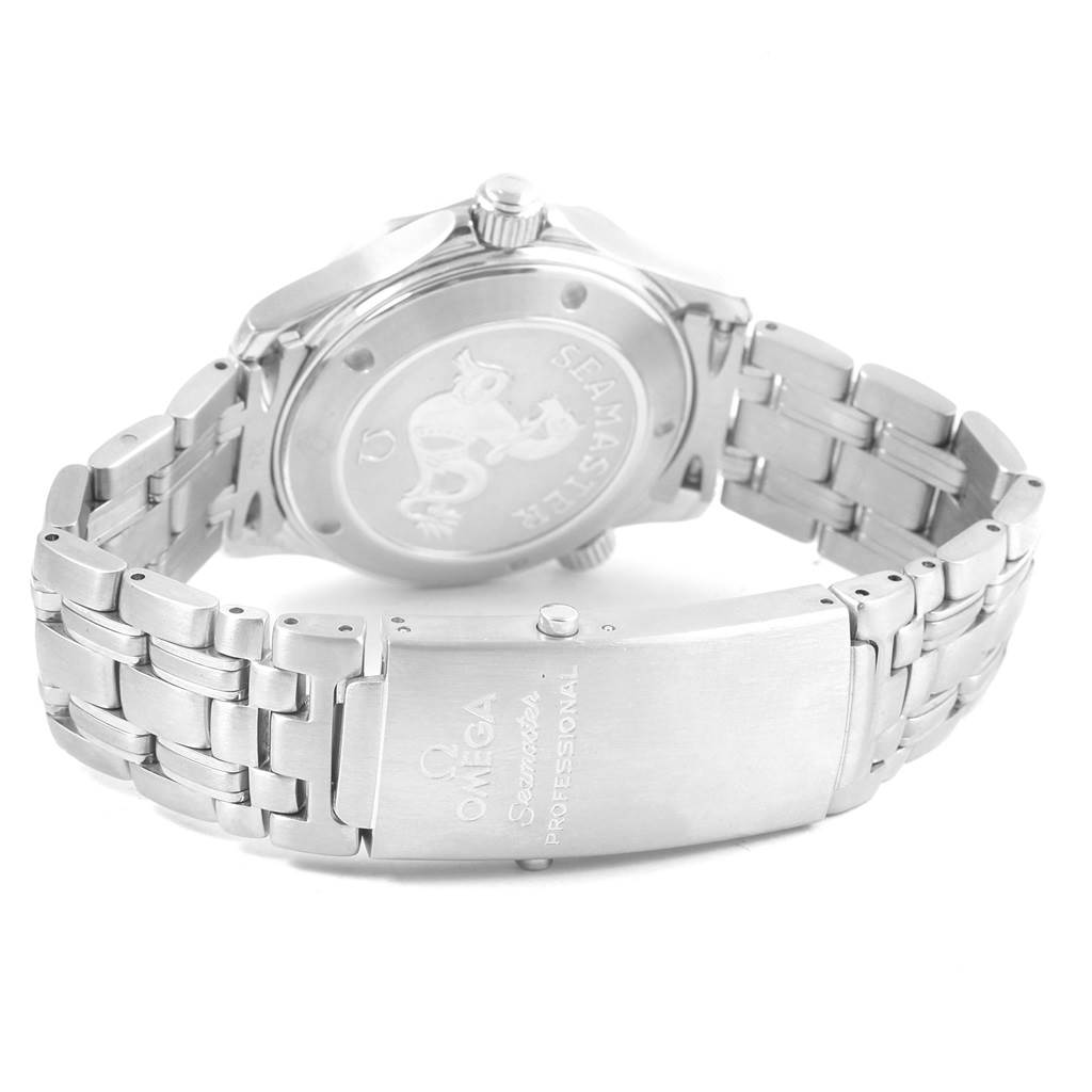 The image shows the case back and bracelet clasp of an Omega Seamaster 212.30.36.61.01.001 Men
s Stainless Steel Black Dial 212.30.36.61.01.001 Men
s Stainless Steel Black Dial watch from a rear angle.