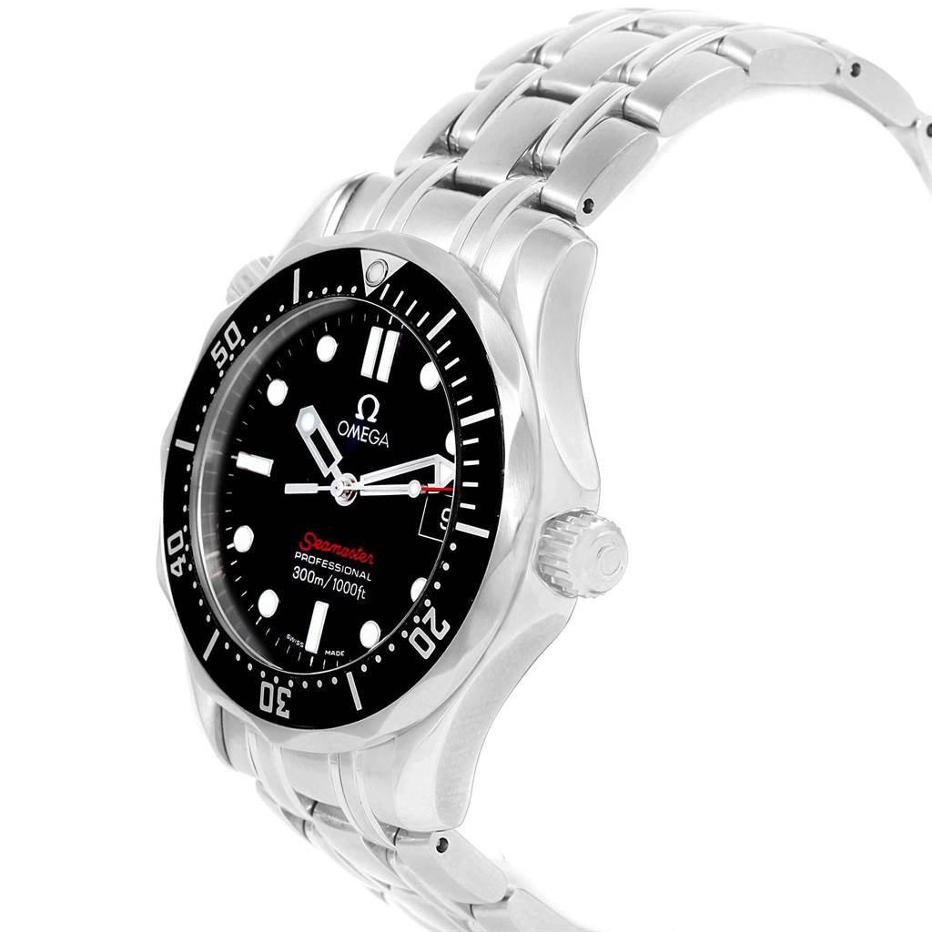 This image shows a side angle of the Omega Seamaster 212.30.36.61.01.001 Men
s Stainless Steel Black Dial 212.30.36.61.01.001 Men
s Stainless Steel Black Dial watch, highlighting the dial, bezel, crown, and bracelet.