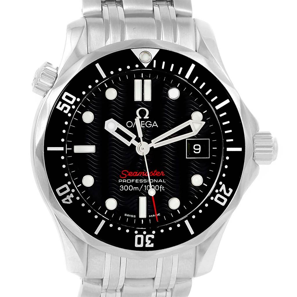 This Omega Seamaster 212.30.36.61.01.001 Men
s Stainless Steel Black Dial 212.30.36.61.01.001 Men
s Stainless Steel Black Dial watch is shown from the front angle, highlighting the dial, bezel, and part of the bracelet.