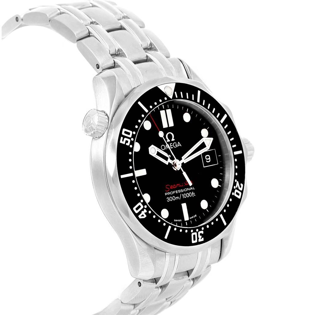 The Omega Seamaster 212.30.36.61.01.001 Men
s Stainless Steel Black Dial 212.30.36.61.01.001 Men
s Stainless Steel Black Dial watch is shown at an angled side view, featuring its stainless steel bracelet and black bezel and dial.