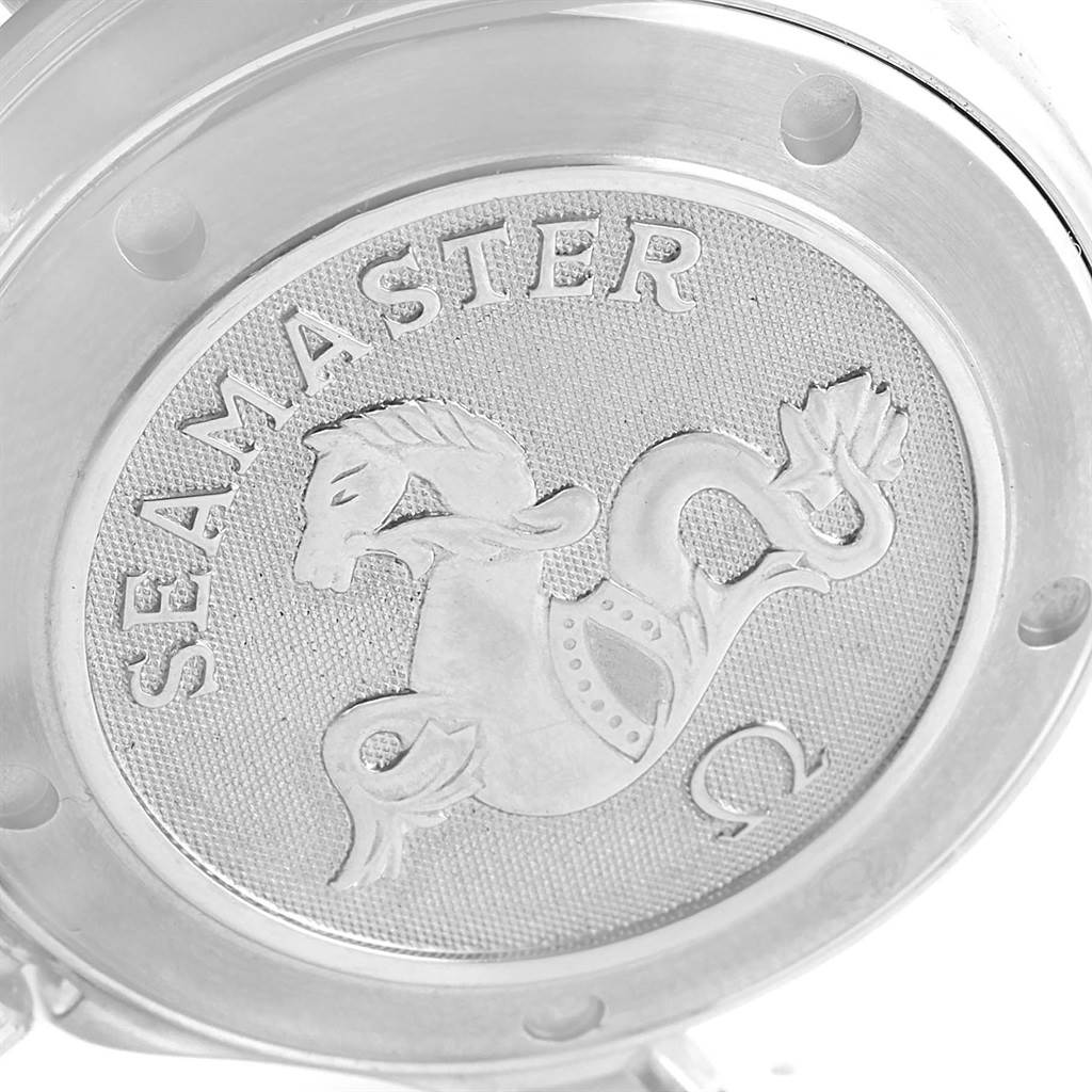 The image shows the back case of an Omega Seamaster 212.30.36.61.01.001 Men
s Stainless Steel Black Dial 212.30.36.61.01.001 Men
s Stainless Steel Black Dial watch, featuring an engraved seahorse and the "Seamaster" text.
