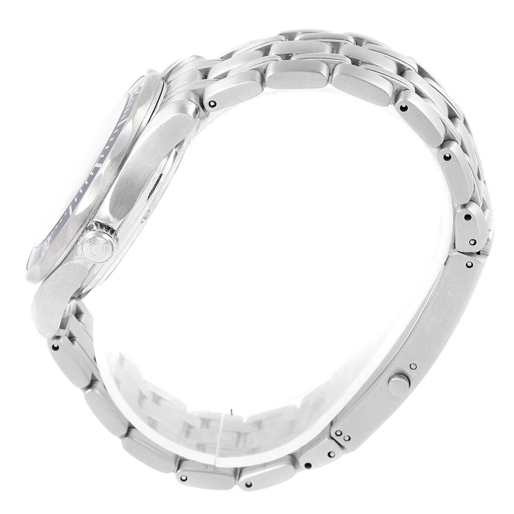 The image shows a side profile of the Omega Seamaster 2551.80.00 Men's Stainless Steel Blue Dial 2551.80.00 Men's Stainless Steel Blue Dial watch, highlighting its case, bezel, and stainless steel bracelet.