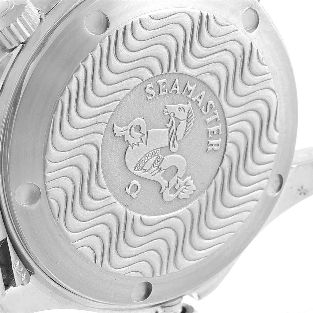 This image shows a close-up of the case back of the Omega Seamaster 2551.80.00 Men's Stainless Steel Blue Dial 2551.80.00 Men's Stainless Steel Blue Dial watch.