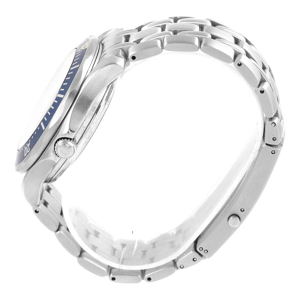 Side view of an Omega Seamaster 2535.80.00 Men
s Stainless Steel Blue Dial 2535.80.00 Men
s Stainless Steel Blue Dial watch focusing on the case, crown, and stainless steel bracelet.