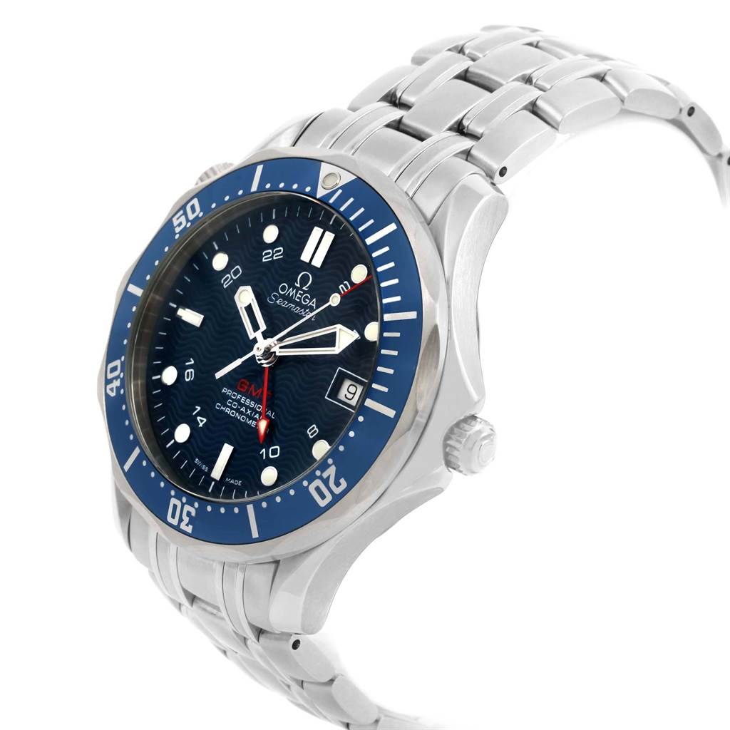 The Omega Seamaster 2535.80.00 Men
s Stainless Steel Blue Dial 2535.80.00 Men
s Stainless Steel Blue Dial watch is shown at a slight angle, displaying its face, bezel, crown, and metal bracelet.