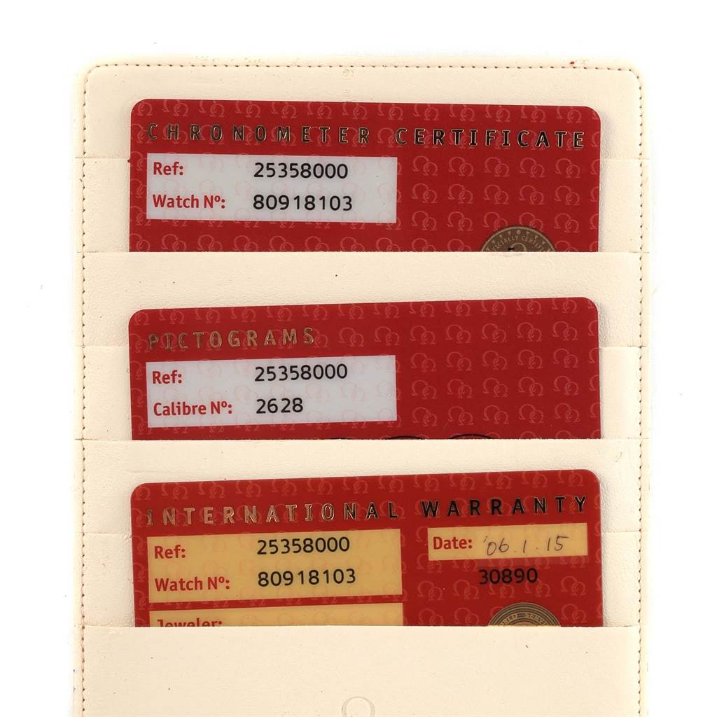 The image shows three Omega Seamaster 2535.80.00 Men
s Stainless Steel Blue Dial 2535.80.00 Men
s Stainless Steel Blue Dial watch cards: a chronometer certificate, pictograms card, and international warranty card.