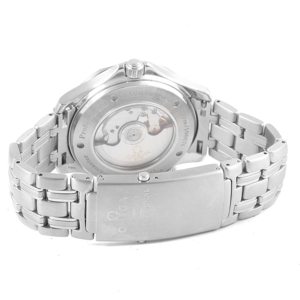 The image shows the back view of an Omega Seamaster 2535.80.00 Men
s Stainless Steel Blue Dial 2535.80.00 Men
s Stainless Steel Blue Dial watch, highlighting the movement and bracelet clasp.