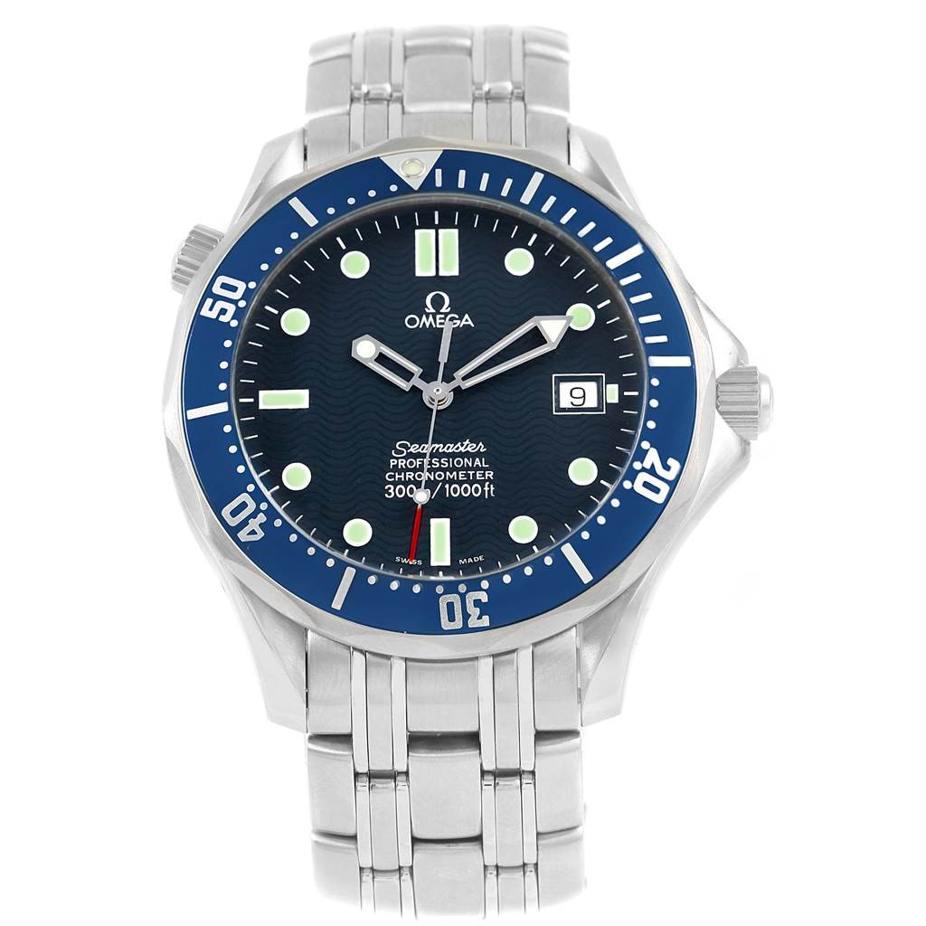 The Omega Seamaster 2531.80.00 Men's Stainless Steel Blue Dial 2531.80.00 Men's Stainless Steel Blue Dial watch is shown from a front angle, displaying the face, bezel, crown, and metal bracelet.