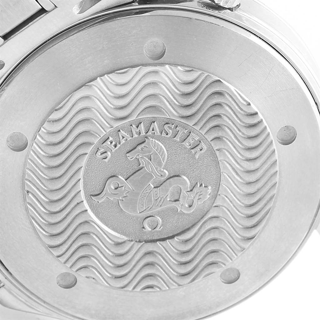 The image shows a close-up of the back case of an Omega Seamaster 2531.80.00 Men's Stainless Steel Blue Dial 2531.80.00 Men's Stainless Steel Blue Dial watch, highlighting its engraved design.
