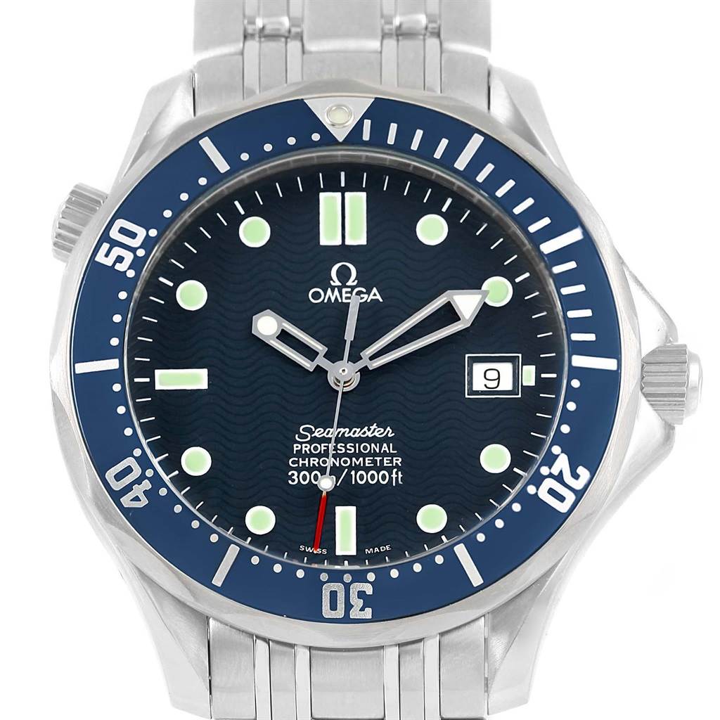 The Omega Seamaster 2531.80.00 Men's Stainless Steel Blue Dial 2531.80.00 Men's Stainless Steel Blue Dial watch is shown from the front, displaying its face, bezel, and part of the metal bracelet.
