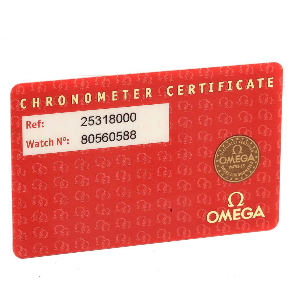 This image shows the chronometer certificate card for an Omega Seamaster 2531.80.00 Men's Stainless Steel Blue Dial 2531.80.00 Men's Stainless Steel Blue Dial watch, displaying the reference and watch number.