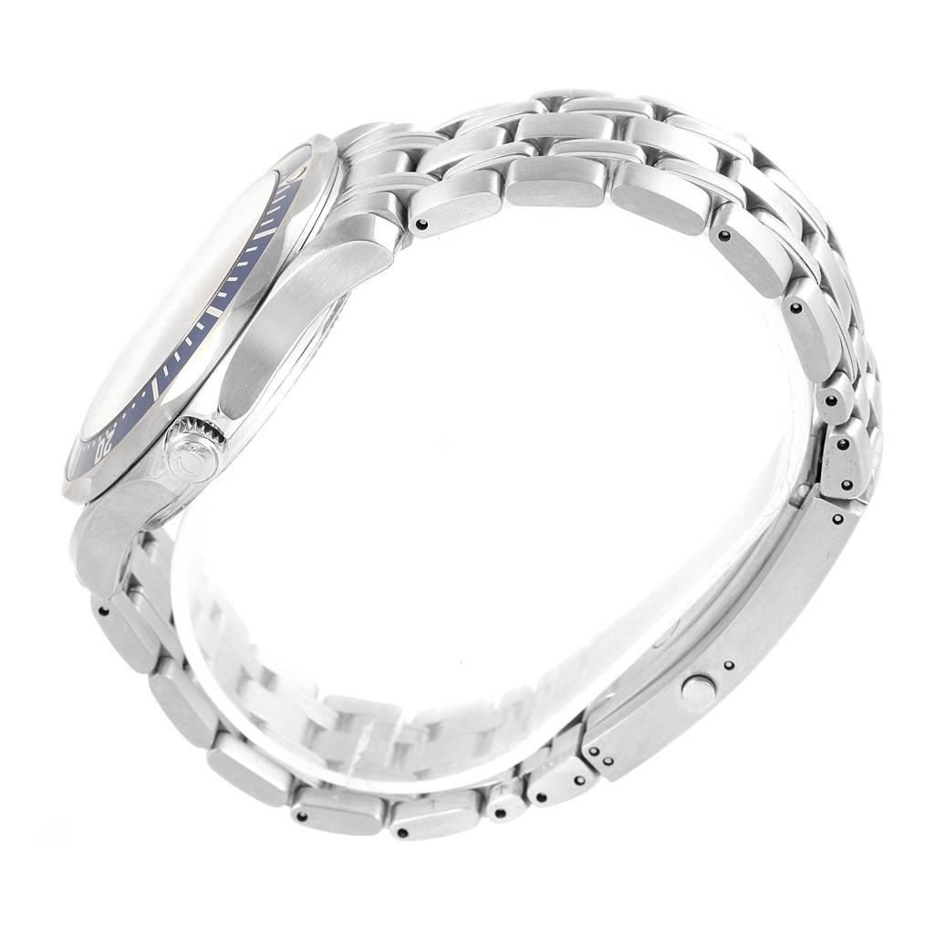 This image shows a side view of the Omega Seamaster 2531.80.00 Men's Stainless Steel Blue Dial 2531.80.00 Men's Stainless Steel Blue Dial watch, focusing on the bezel, case, crown, and the metal bracelet.