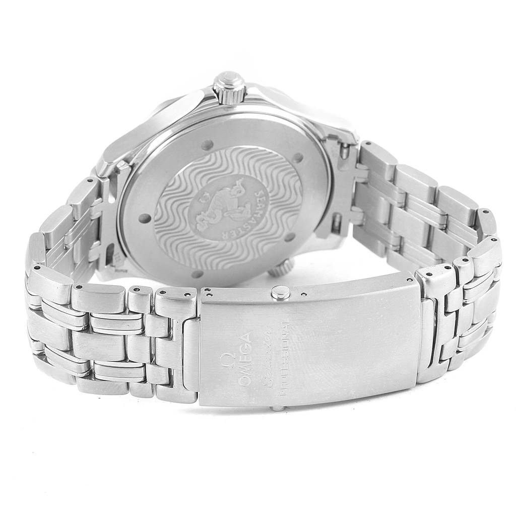 The image shows the back view of an Omega Seamaster 2531.80.00 Men's Stainless Steel Blue Dial 2531.80.00 Men's Stainless Steel Blue Dial watch, highlighting the case back and metal bracelet.