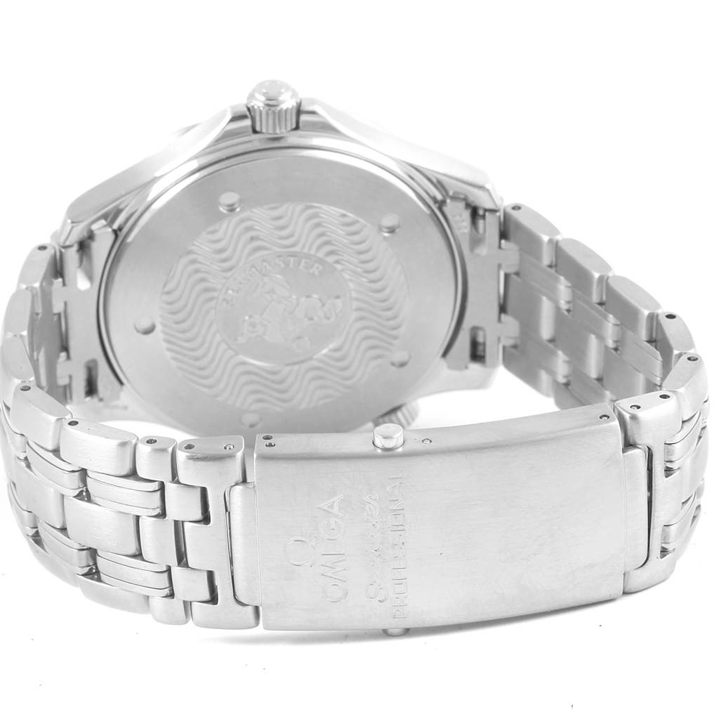 The image shows the back and band of an Omega Seamaster 2531.80.00 Men
s Stainless Steel Blue Dial 2531.80.00 Men
s Stainless Steel Blue Dial watch, highlighting the clasp and case back with engraving.