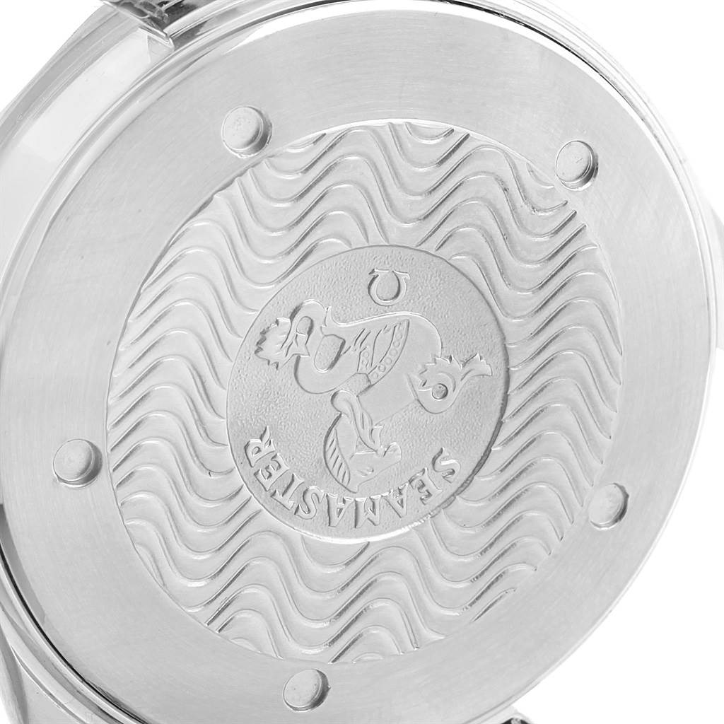 The image shows the case back of an Omega Seamaster 2531.80.00 Men
s Stainless Steel Blue Dial 2531.80.00 Men
s Stainless Steel Blue Dial watch, featuring a wave pattern design and the Seamaster logo.